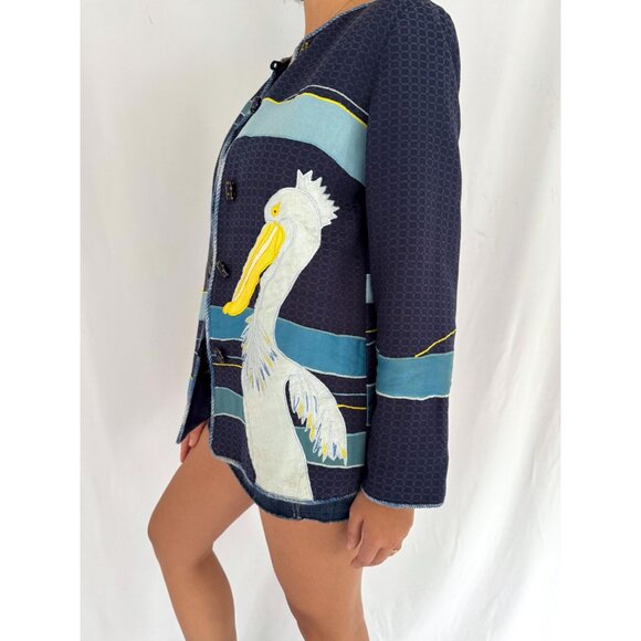 90s vintage blue novelty tropical bird vacation embroidered patchwork jacket - Picture 5 of 10